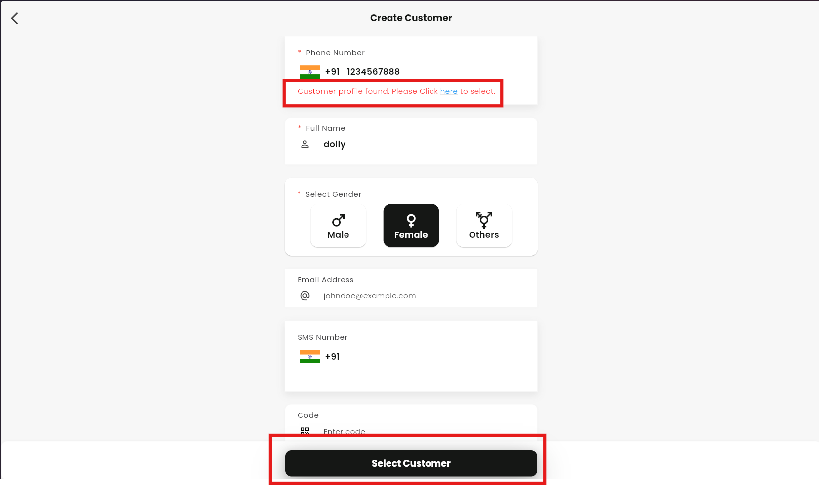 Existing customer selected in the billing screen