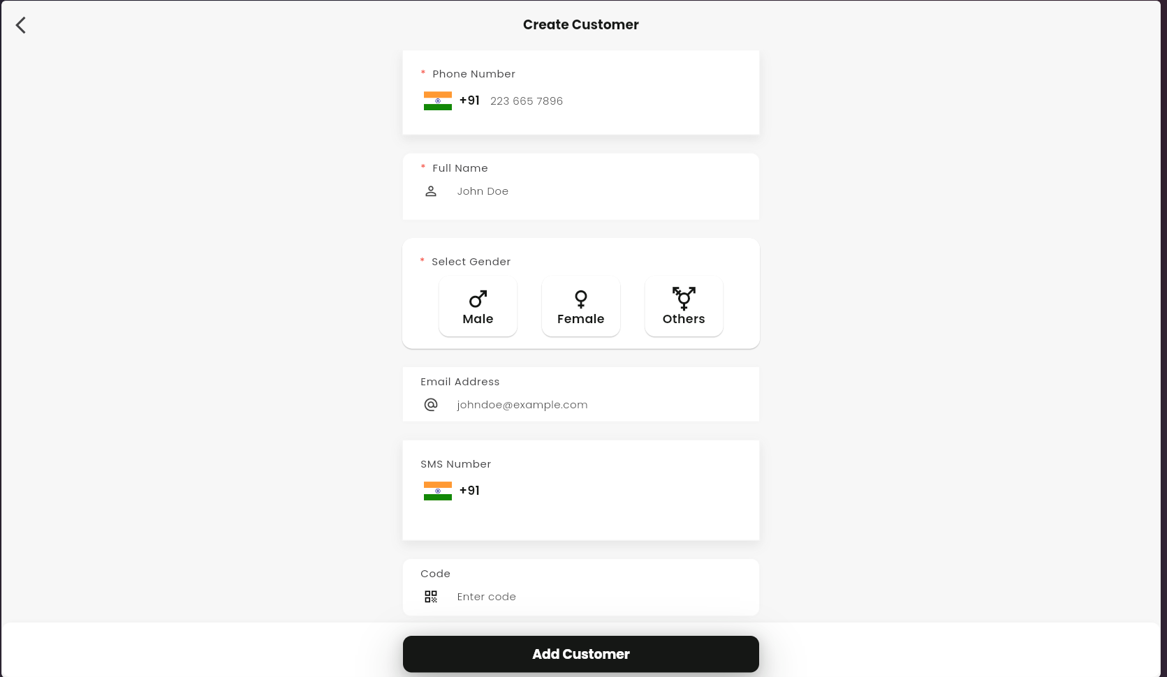 New customer form with fields (name, number, etc.)